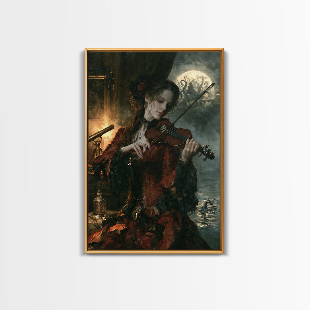 The Violinist Of The Drowned Moon, Victorian Horror Portrait, Vertical Wall Art, Framed Canvas Print, Gothic Wall Decor