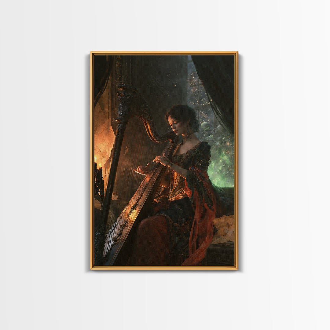 The Harpist Of Abyssal Sleep, Victorian Gothic Art, Vertical Wall Art, Framed Canvas Print, Gothic Wall Decor, Halloween Portrait Art