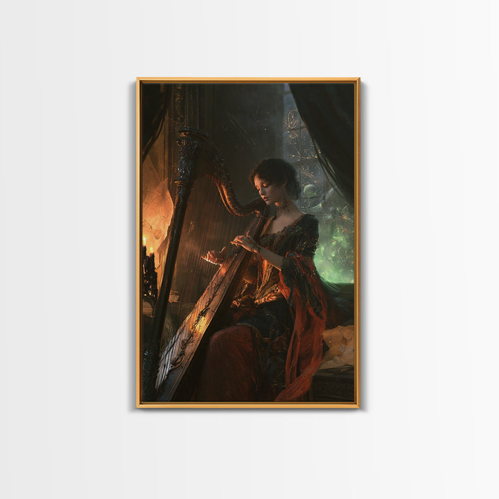 The Harpist Of Abyssal Sleep, Victorian Gothic Art, Vertical Wall Art, Framed Canvas Print, Gothic Wall Decor, Halloween Portrait Art