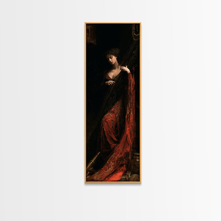 The Harpist Of Abyssal Sleep, Victorian Gothic Art, Tall Narrow Wall Art, Canvas Print, Gothic Wall Decor, Halloween Portrait Art