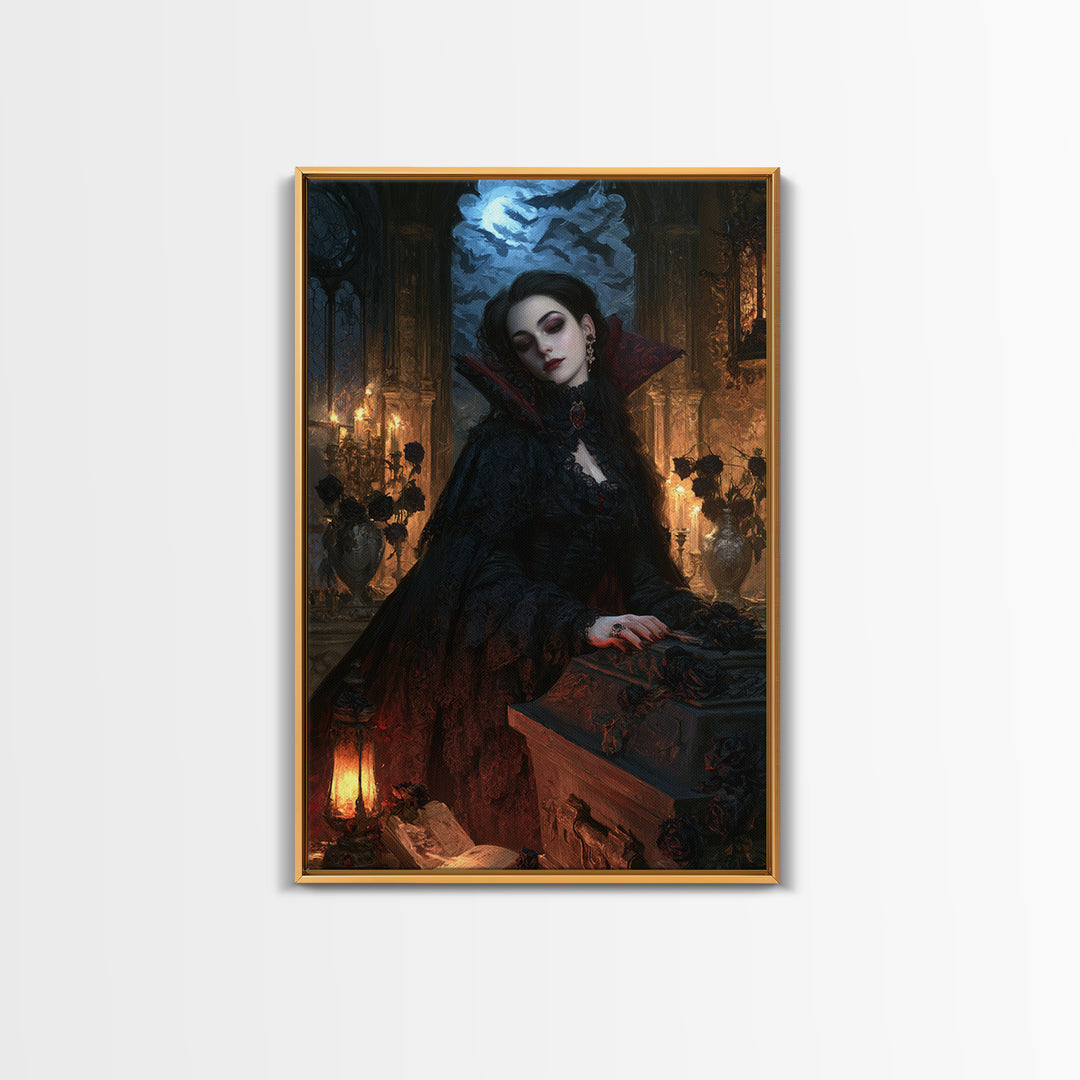 The Rose-Coffin Countess, Victorian Vampire Portrait, Vertical Canvas Print, Classic Halloween Decor, Canvas Print, Classic Monster Art