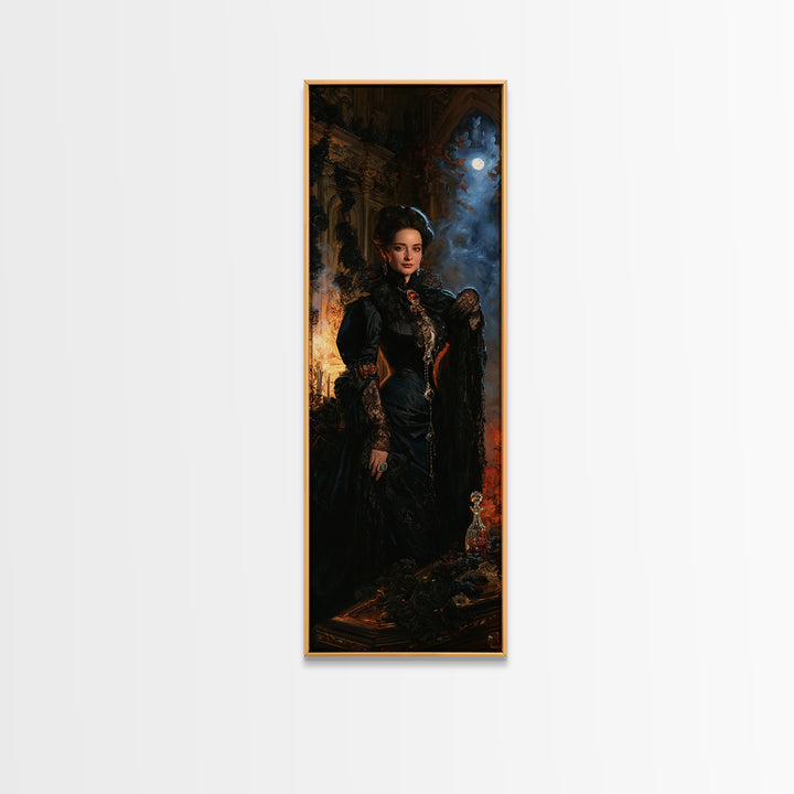 The Rose-Coffin Countess, Victorian Vampire Portrait, Tall Narrow Canvas Print, Macabre Home Decor, Gothic Wall Decor, Classic Monster Art