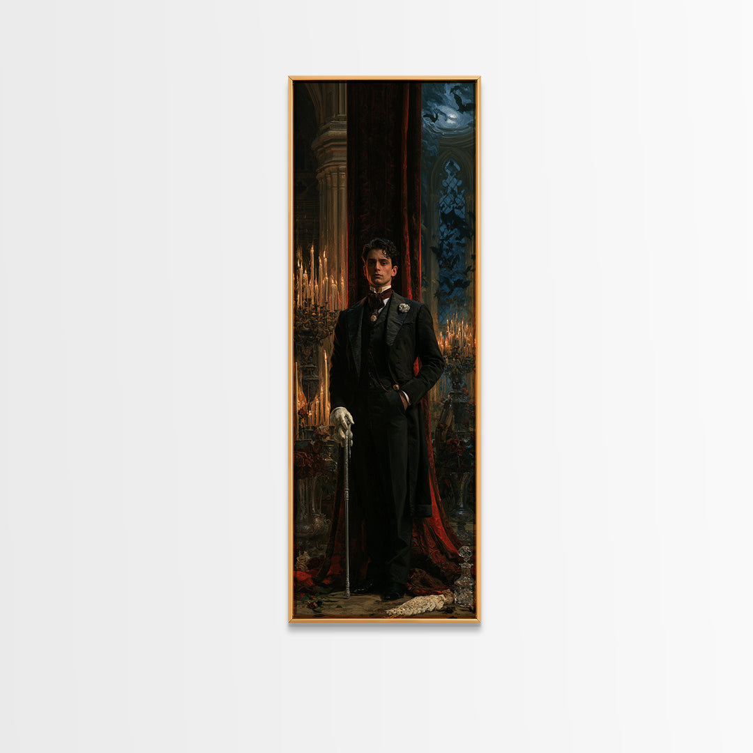 The Moonlit Viscount, Victorian Vampire Portrait, Tall Narrow Canvas Print, Classic Halloween Decor, Classic Monster Art