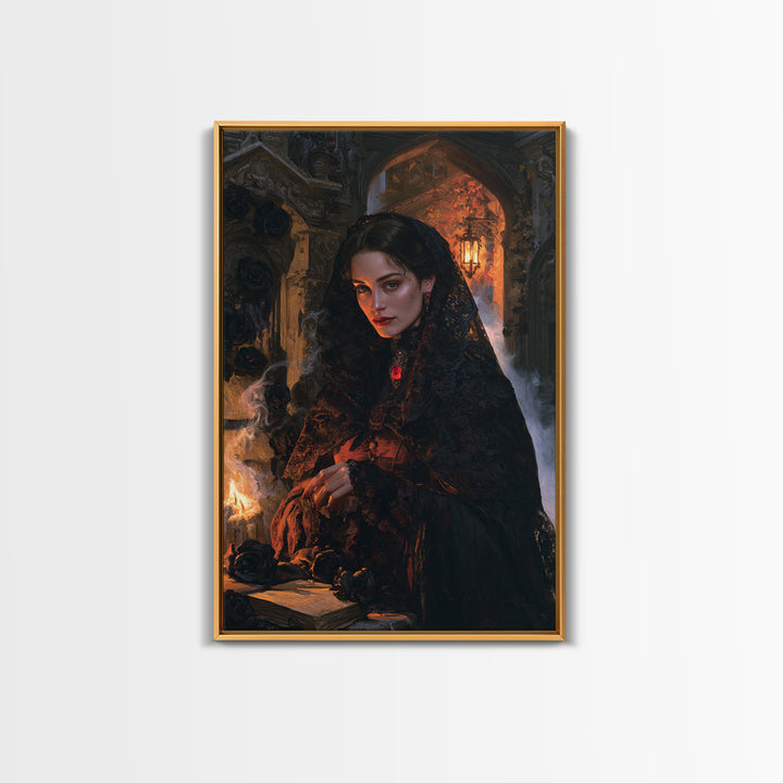 The Widow Of Black Veils, Victorian Vampire Portrait, Vertical Canvas Print, Classic Halloween Decor, Gothic Wall Decor, Classic Monster Art