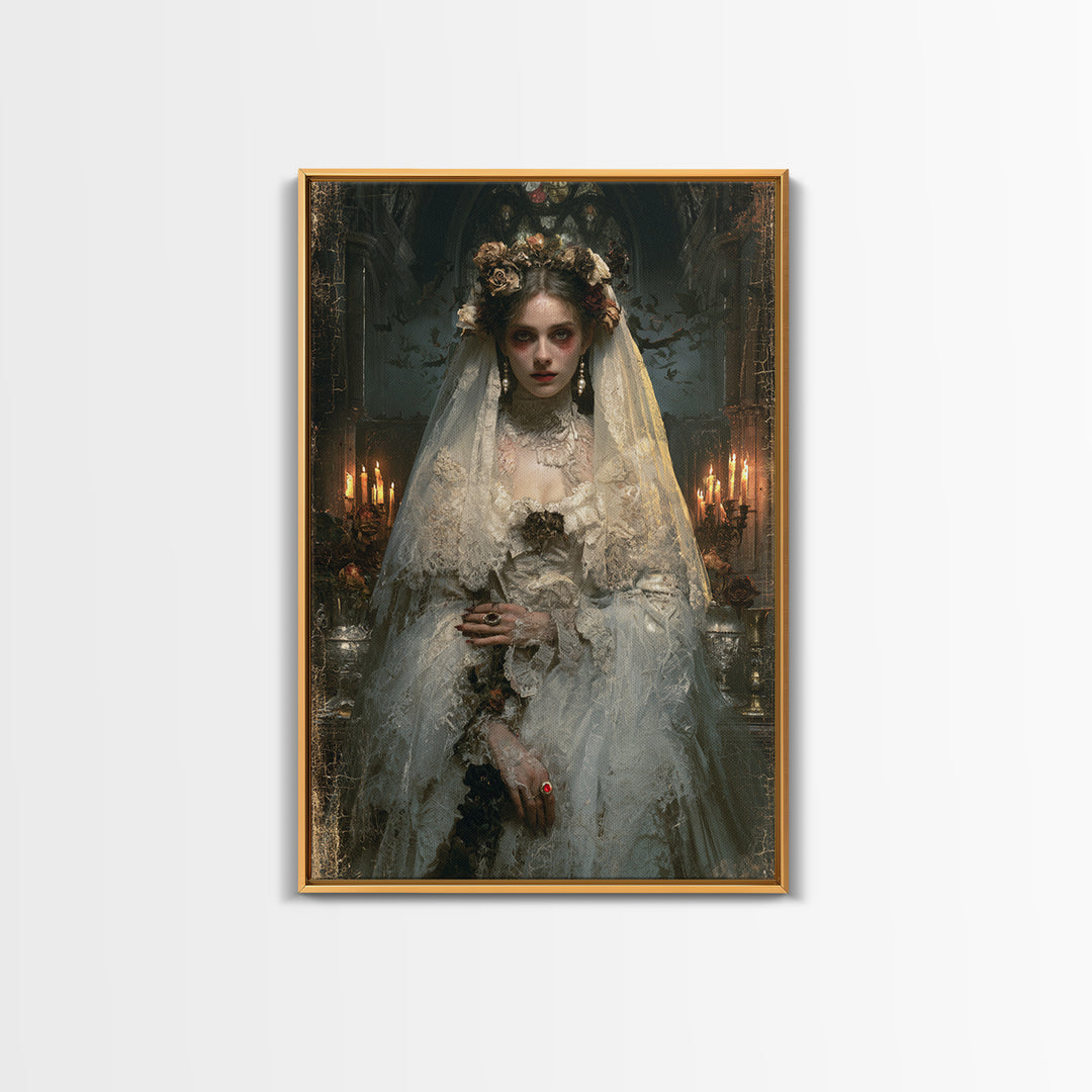 The Chapel Crypt Bride, Victorian Vampire Portrait, Vertical Canvas Print, Macabre Home Decor, Spooky Season Decor, Classic Monster Art