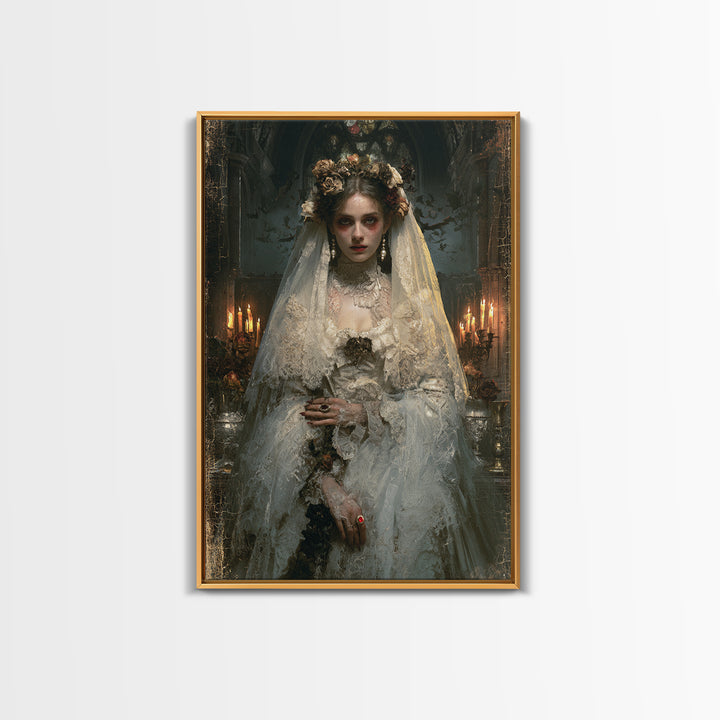 The Chapel Crypt Bride, Victorian Vampire Portrait, Vertical Canvas Print, Macabre Home Decor, Spooky Season Decor, Classic Monster Art