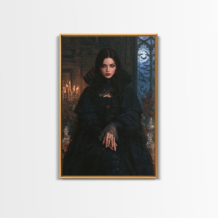 The Velvet-Fanged Heiress, Victorian Vampire Portrait, Vertical Canvas Print, Gothic Home Decor, Gothic Wall Decor, Classic Monster Art