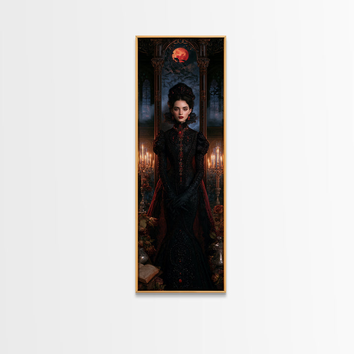 The Velvet-Fanged Heiress, Victorian Vampire Portrait, Tall Narrow Canvas Print, Antique Style Decor, Classic Monster Art