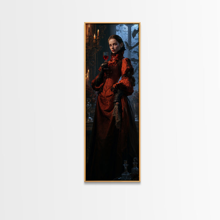 The Scarlet Thirst Duchess, Victorian Vampire Portrait, Tall Narrow Canvas Print, Antique Style Decor, Classic Monster Art