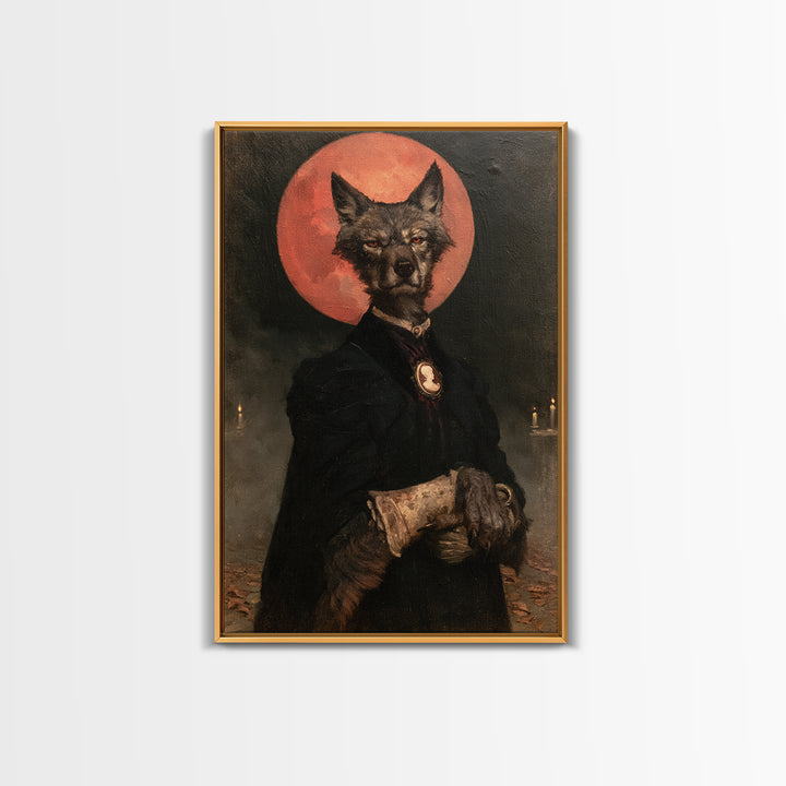 The Wolf Moon Governess, Victorian Werewolf Portrait, Vertical Canvas Print, Antique Style Decor, Spooky Season Decor, Classic Monster Art