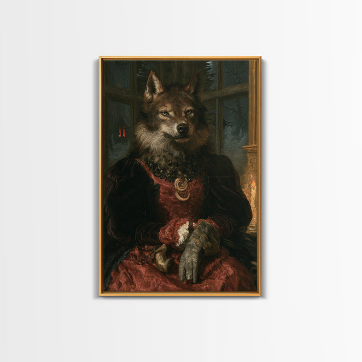 The Velvet Lycan Duchess, Victorian Werewolf Portrait, Vertical Canvas Print, Gothic Home Decor, Gothic Wall Decor, Classic Monster Art