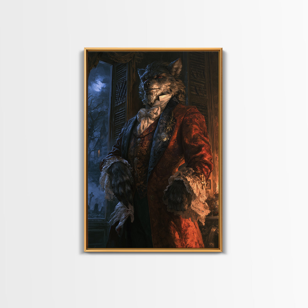 The Ballroom Lycan, Victorian Werewolf Portrait, Vertical Canvas Print, Antique Style Decor, Antique Horror Decor, Classic Monster Art