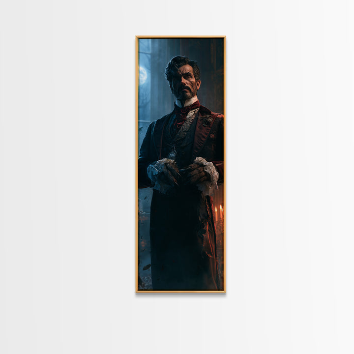 The Ballroom Lycan, Victorian Werewolf Portrait, Tall Narrow Canvas Print, Classic Halloween Decor, Spooky Season Decor, Classic Monster Art