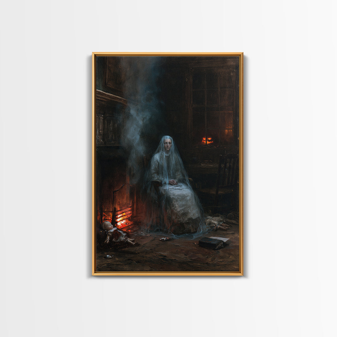 The Hearthside Shade, Victorian Ghost Portrait, Vertical Canvas Print, Classic Halloween Decor, Canvas Print, Classic Monster Art