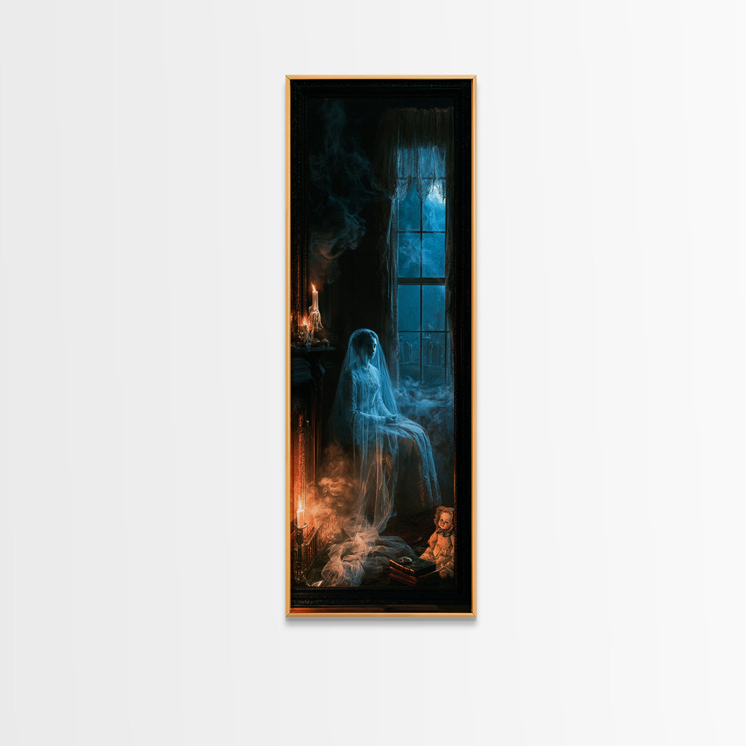 The Hearthside Shade, Victorian Ghost Portrait, Tall Narrow Canvas Print, Macabre Home Decor, Gothic Wall Decor, Classic Monster Art