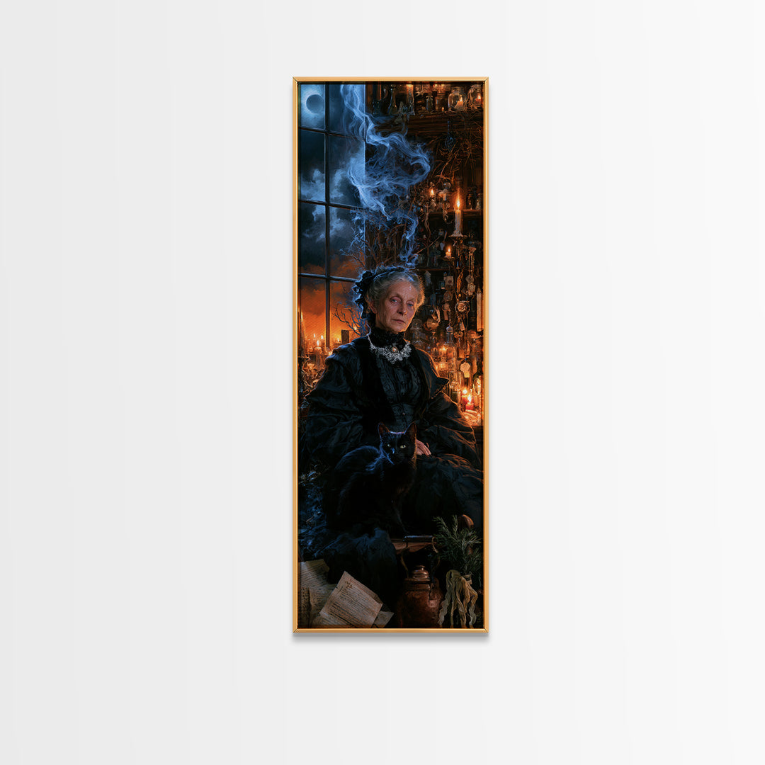 The Widow Of Nine Cats, Victorian Witch Portrait, Tall Narrow Canvas Print, Gothic Home Decor, Halloween Portrait Art, Classic Monster Art