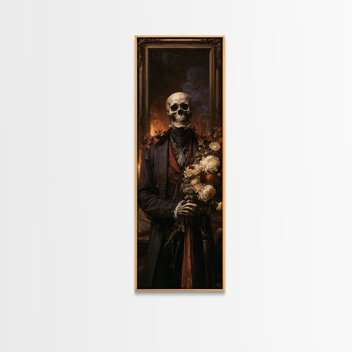 The Graveyard Dandy, Victorian Skeleton Portrait, Tall Narrow Canvas Print, Gothic Home Decor, Halloween Portrait Art, Classic Monster Art