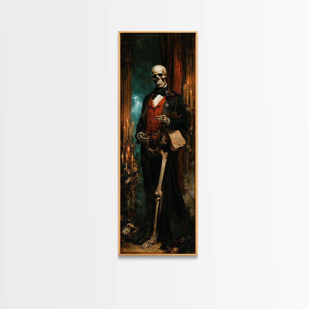 The Gentleman Anatomist, Victorian Skeleton Portrait, Tall Narrow Canvas Print, Antique Style Decor, Classic Monster Art