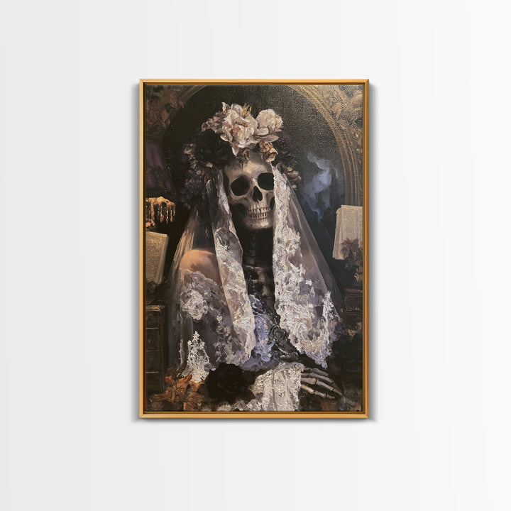 The Mourning Skeleton Bride, Victorian Skeleton Portrait, Vertical Canvas Print, Macabre Home Decor, Classic Monster Art