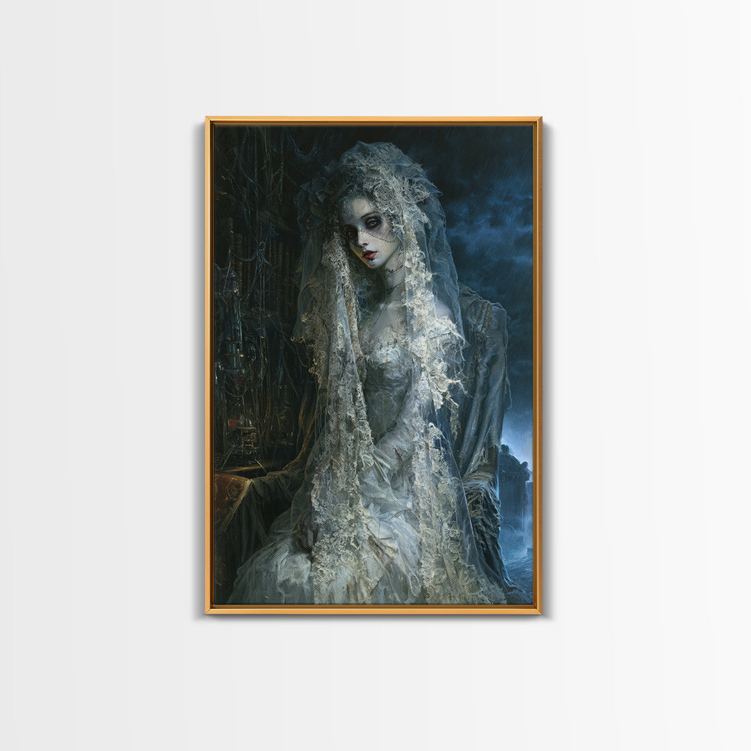 The Storm-Stitched Bride, Victorian Monster Portrait, Vertical Canvas Print, Classic Halloween Decor, Classic Monster Art