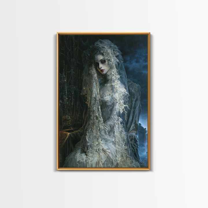 The Storm-Stitched Bride, Victorian Monster Portrait, Vertical Canvas Print, Classic Halloween Decor, Classic Monster Art