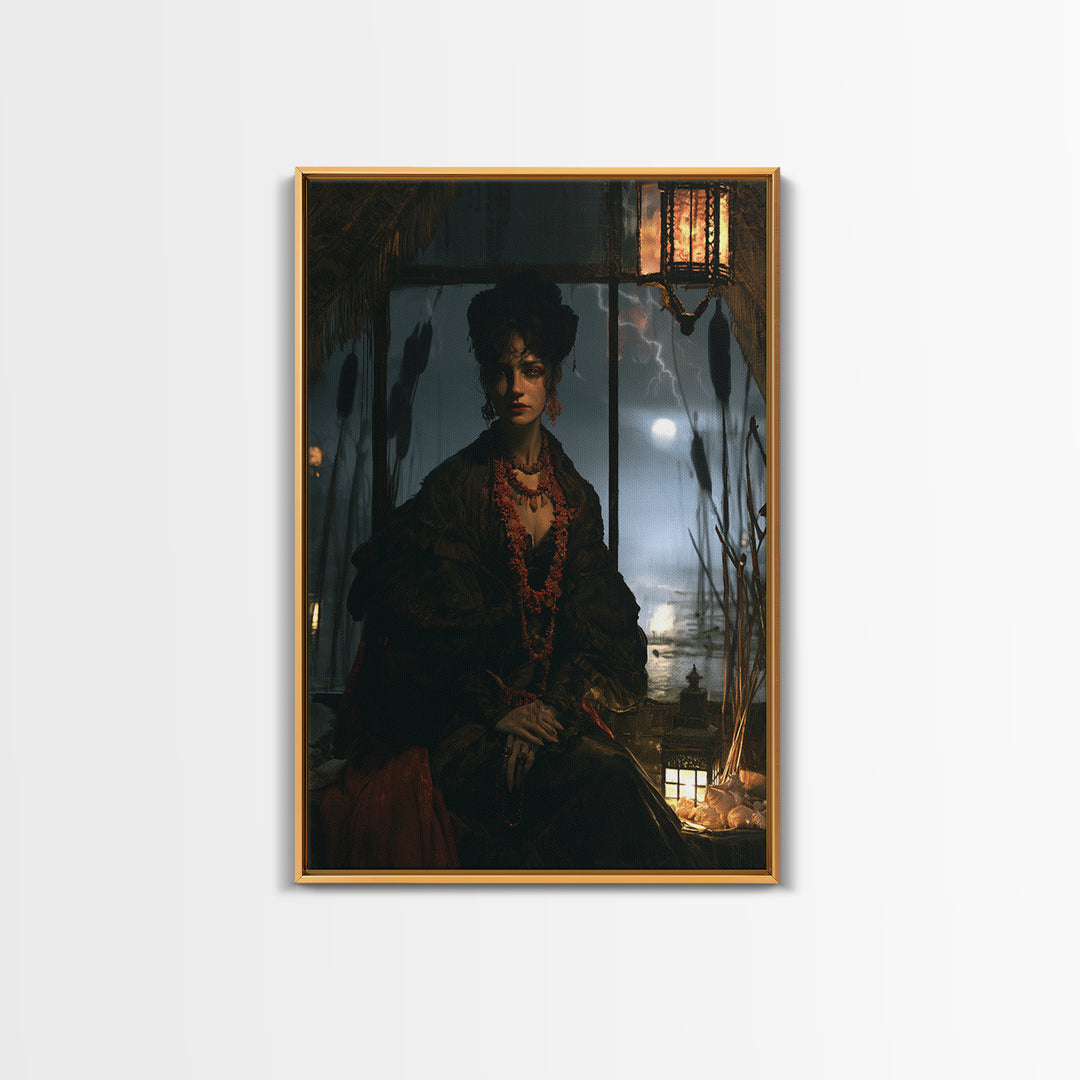 The Tidal Heiress, Victorian Creature Portrait, Vertical Canvas Print, Dark Academia Decor, Antique Horror Decor, Classic Monster Art