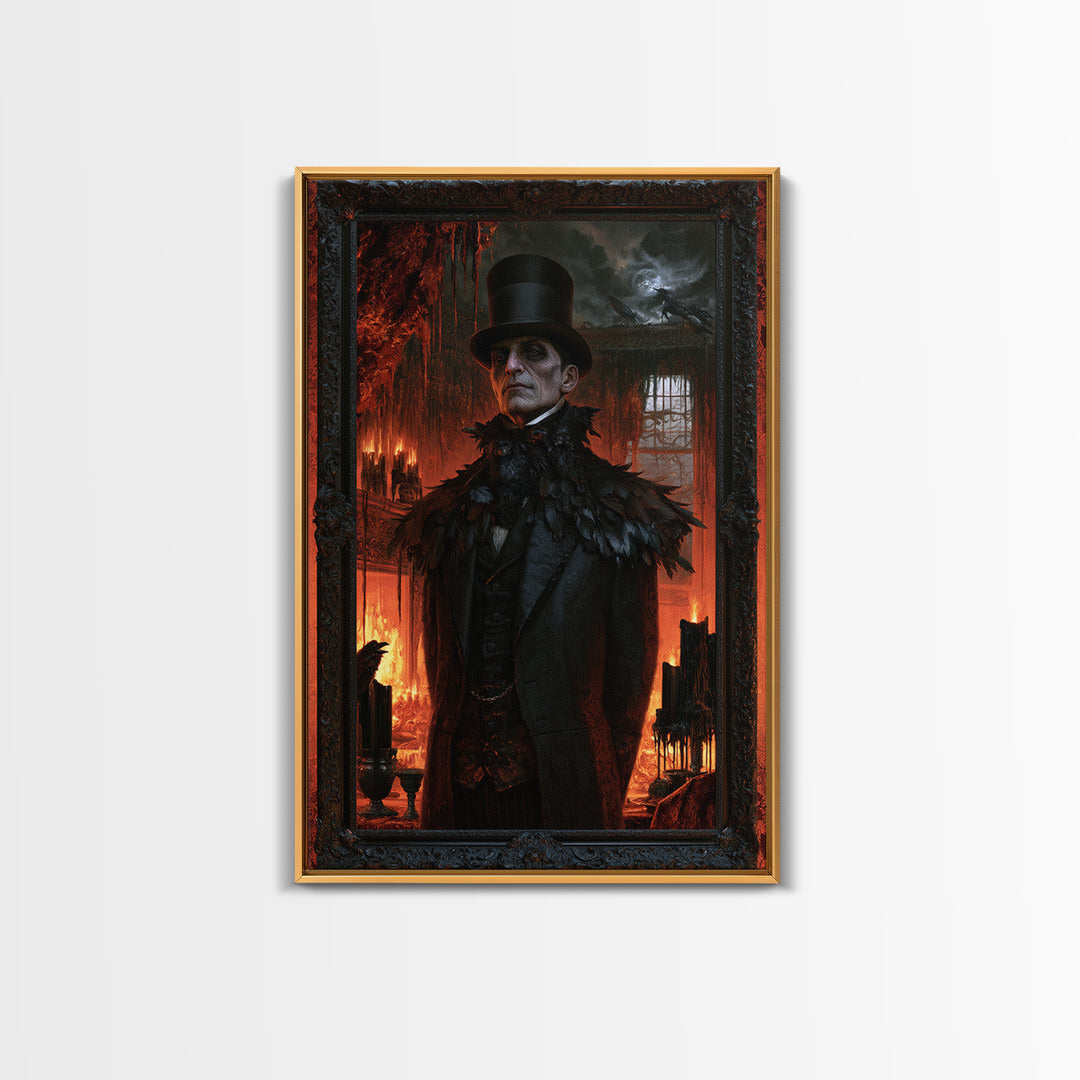 The Raven-Shouldered Undertaker, Macabre Victorian Portrait, Vertical Canvas Print, Classic Halloween Decor, Classic Monster Art