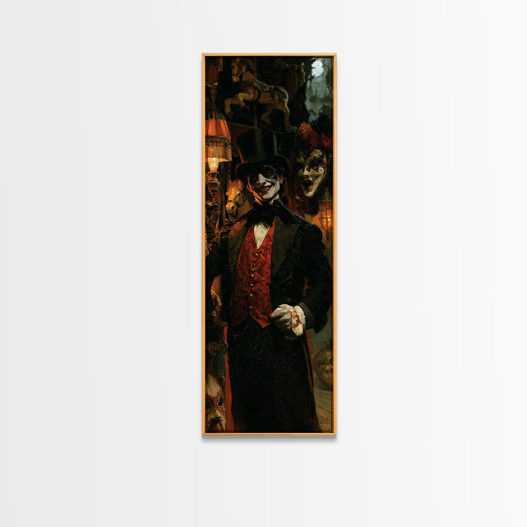 The Cursed Ringmaster, Victorian Circus Horror Portrait, Tall Narrow Canvas Print, Classic Halloween Decor, Classic Monster Art
