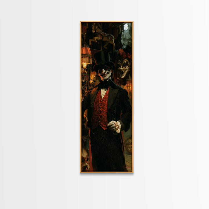 The Cursed Ringmaster, Victorian Circus Horror Portrait, Tall Narrow Canvas Print, Classic Halloween Decor, Classic Monster Art