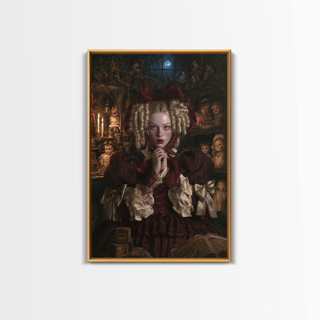 The Porcelain Doll Mistress, Haunted Doll Portrait, Vertical Canvas Print, Gothic Home Decor, Halloween Portrait Art, Classic Monster Art