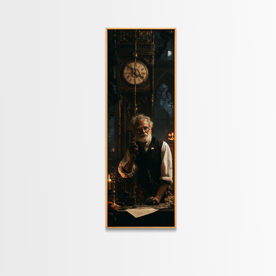 The Clockmaker Of Midnight, Midnight Clockmaker Portrait, Tall Narrow Canvas Print, Antique Style Decor, Gothic Wall Decor