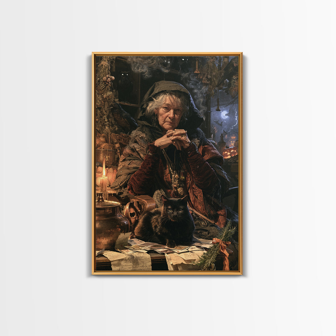 The Black-Cat Fortune Teller, Victorian Fortune Teller Portrait, Vertical Canvas Print, Gothic Home Decor, Classic Monster Art
