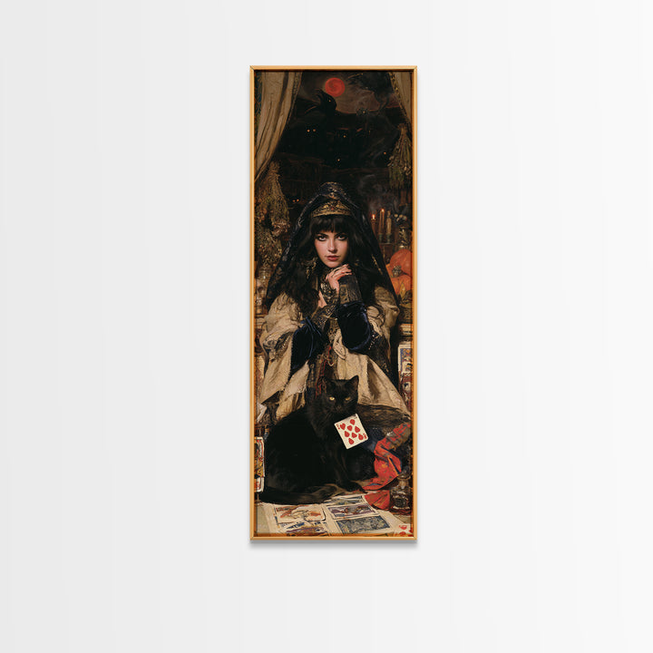 The Black-Cat Fortune Teller, Victorian Fortune Teller Portrait, Tall Narrow Canvas Print, Gothic Home Decor, Canvas Print
