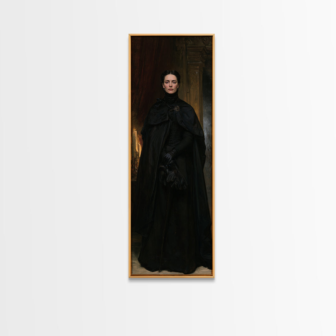 The Headless Cavalier’s Widow, Gothic Horseman Widow Portrait, Tall Narrow Canvas Print, Dark Academia Decor, Classic Monster Art