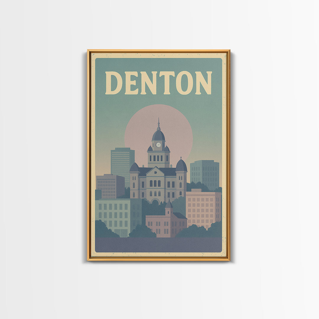 Denton Travel Poster, Framed Canvas Print, Vaporwave Skyline Wall Art, Denton Poster Print, Living Room Wall Art, Modern Wall Decor