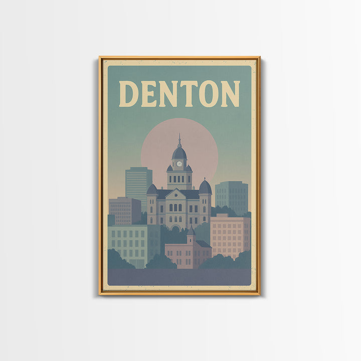 Denton Travel Poster, Framed Canvas Print, Vaporwave Skyline Wall Art, Denton Poster Print, Living Room Wall Art, Modern Wall Decor
