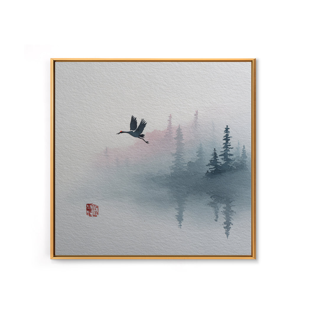 Monochrome Ink Crane Composition Framed Canvas Print, Wall Art, Abstract Art, Living Room Decor, Watercolor Art, WAL-1x1-24