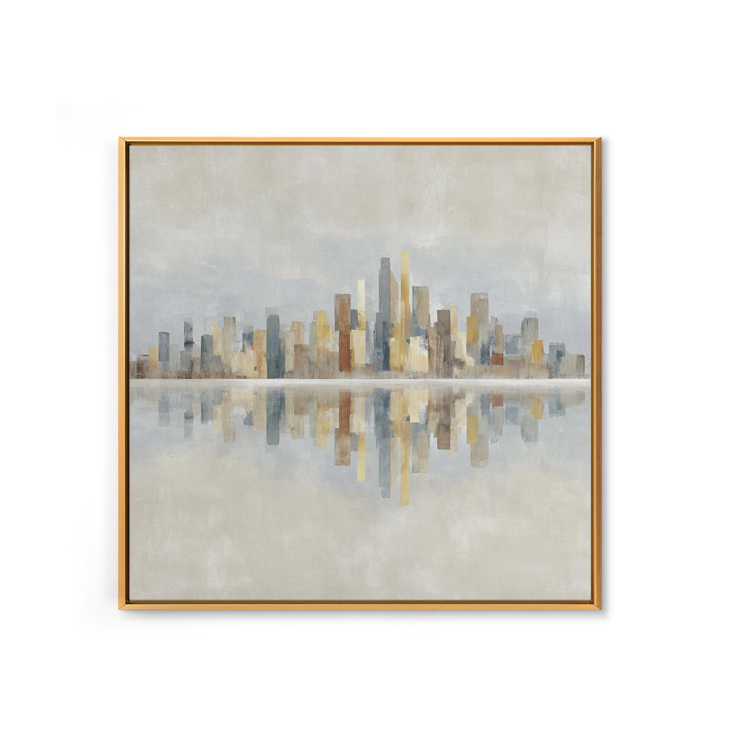 Urban Skyline in Muted Evening Color Framed Canvas Print, Wall Art, Wood Wall Art, Living Room Decor, Fine Art, WAL-1x1-42
