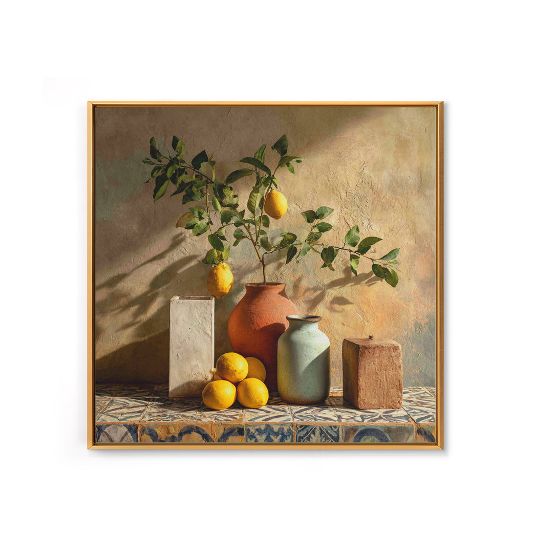 Mediterranean Lemon Branch Still Life Framed Canvas Print, Wall Art, Prints Wall Art, Living Room Decor, Oil Painting, WAL-1x1-46