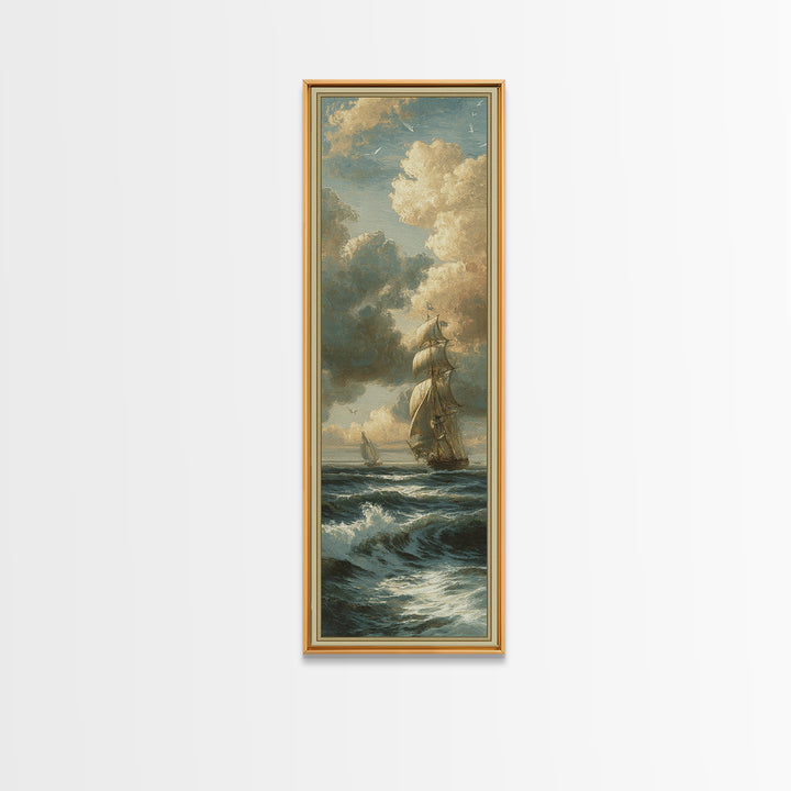 Classic Seascape with Dramatic Clouds Framed Canvas Print, Wall Art, Mid Century Modern, Living Room Decor, Abstract Art, WAL-1x3-15