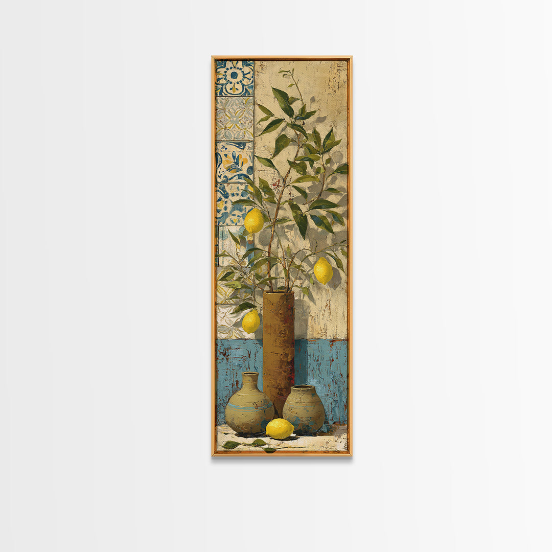 Mediterranean Lemon Branch Still Life Framed Canvas Print, Wall Art, Abstract Wall Art, Living Room Decor, Fine Art, WAL-1x3-34