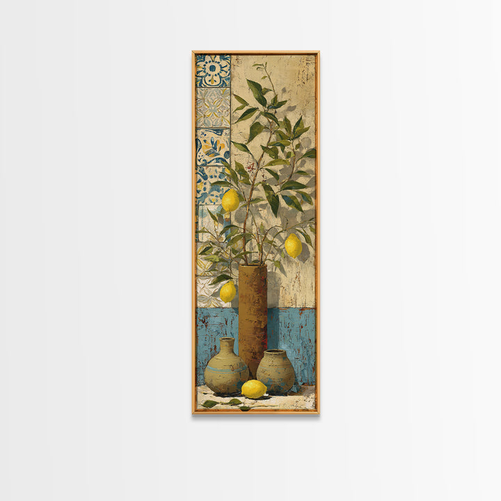 Mediterranean Lemon Branch Still Life Framed Canvas Print, Wall Art, Abstract Wall Art, Living Room Decor, Fine Art, WAL-1x3-34