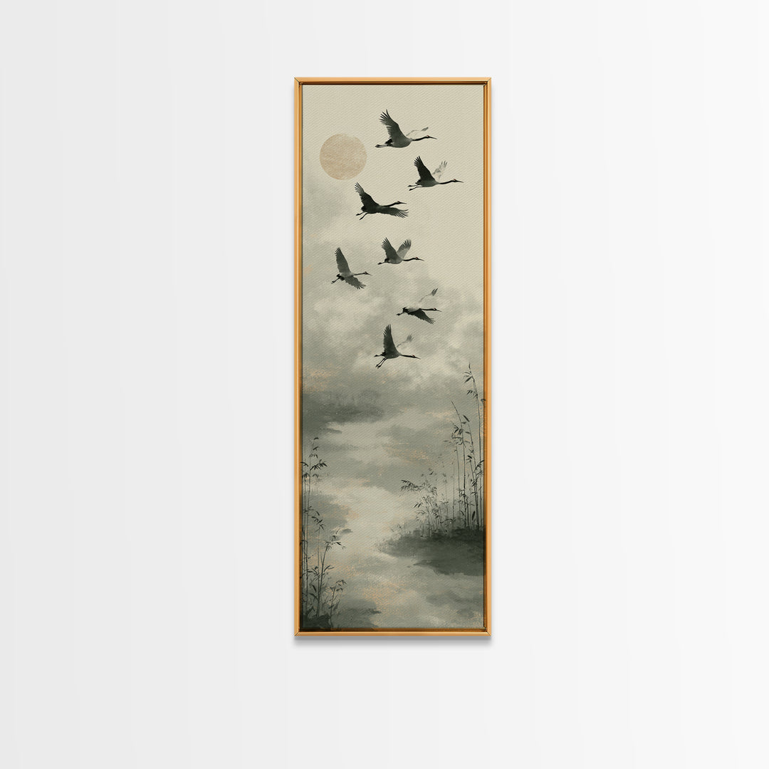 Monochrome Ink Crane Composition Canvas Print, Wall Art, Mid Century Modern, Living Room Decor, Abstract Art, WAL-1x3-60