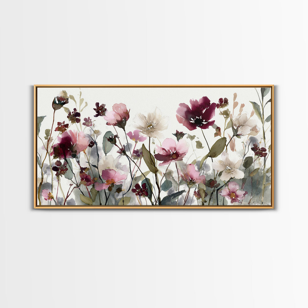 Impressionist Meadow of Wildflowers Framed Canvas Print, Wall Art, Painting, Living Room Decor, Watercolor Art, WAL-2x1-13