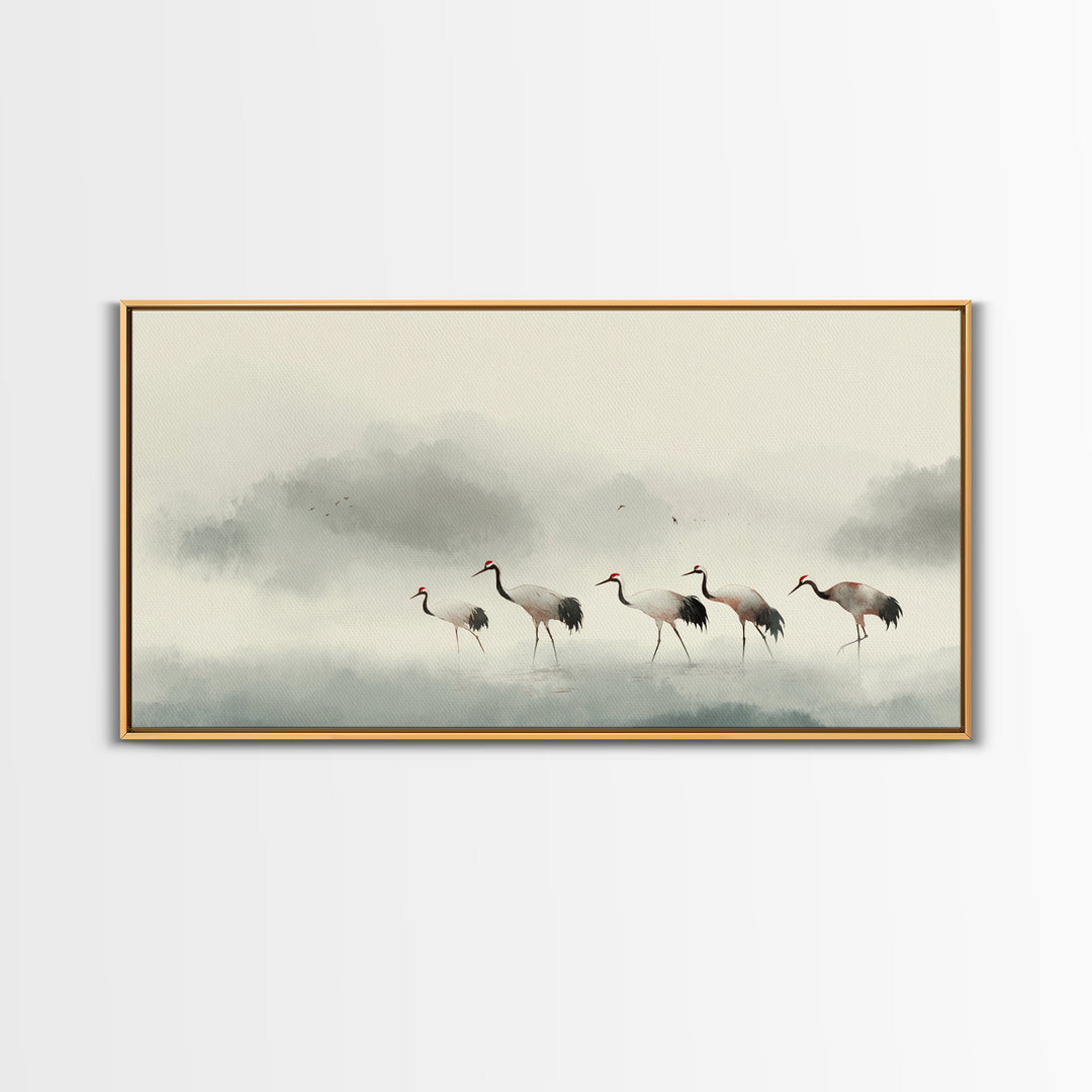Monochrome Ink Crane Composition Framed Canvas Print, Wall Art, Statement Artwork, Living Room Decor, Fine Art, WAL-2x1-20