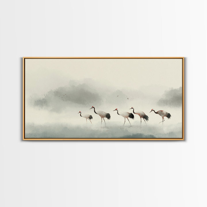 Monochrome Ink Crane Composition Framed Canvas Print, Wall Art, Statement Artwork, Living Room Decor, Fine Art, WAL-2x1-20