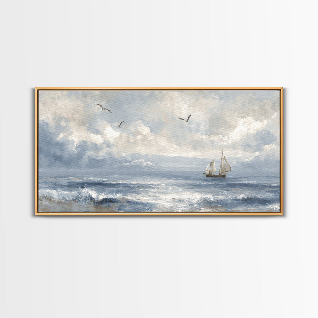 Classic Seascape with Dramatic Clouds Framed Canvas Print, Wall Art, Wall Hangings, Living Room Decor, Watercolor Art, WAL-2x1-23