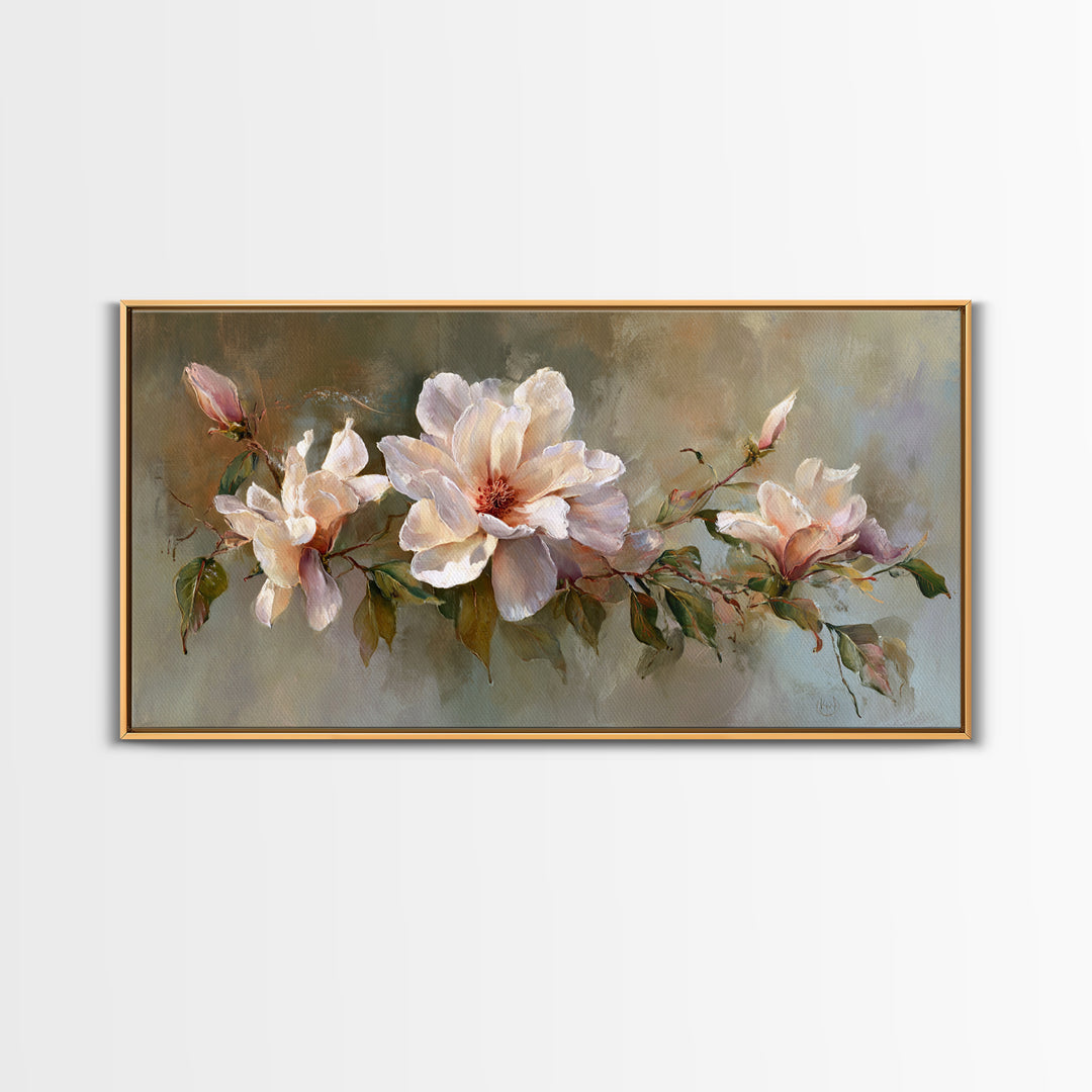 Soft Floral Oil Painting Framed Canvas Print, Wall Art, Printable Wall Art, Living Room Decor, Oil Painting, WAL-2x1-25