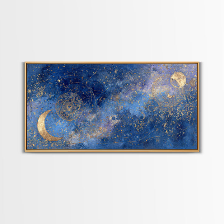 Celestial Moon and Stars Artwork Framed Canvas Print, Wall Art, Contemporary Art, Living Room Decor, Fine Art, WAL-2x1-34