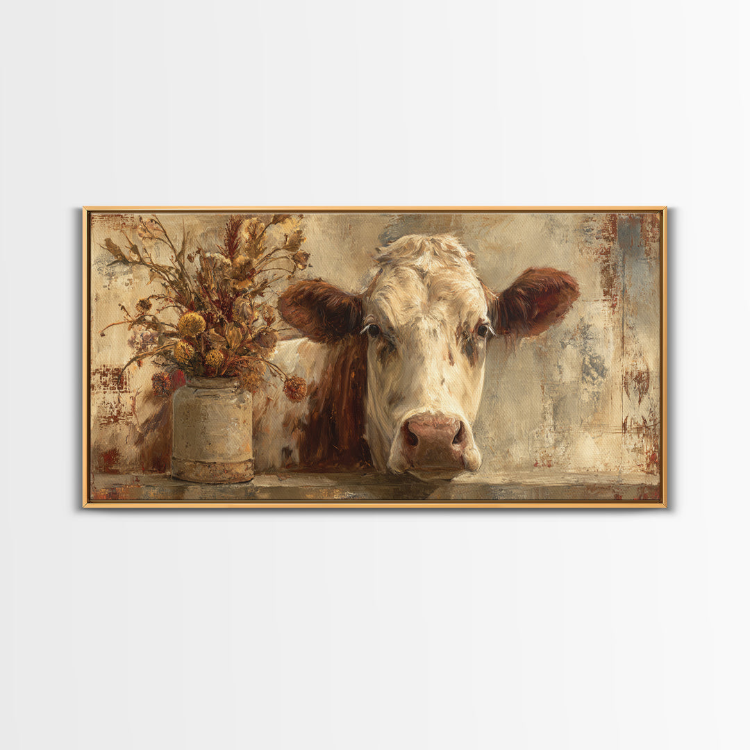 Rustic Farmhouse Cow Portrait Canvas Print, Wall Art, Heart, Living Room Decor, Fine Art, Home Decor Gift, Original Art, WAL-2x1-39